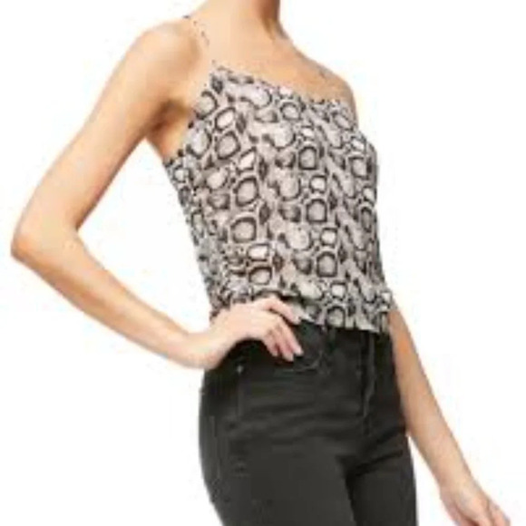 Good American Tank Top Womens 2 Black Cream Snakeskin Print‎ Ruched Medium - Picture 2 of 13